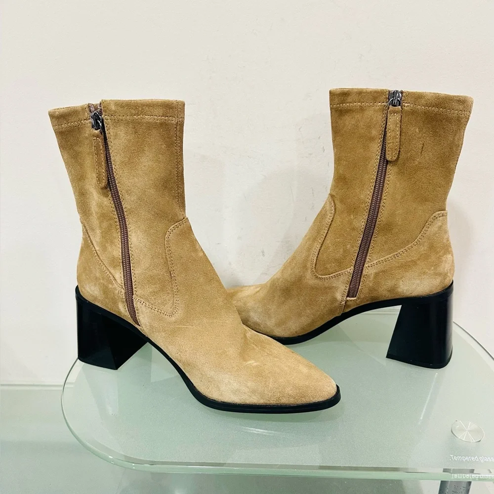 NWOT Zara Tan‎ Suede Ankle Boot  Block Heel  Bootie Pointed Toe 40 US 9 / 9.5